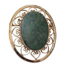Vintage 1/20 12K Gold Filled‎ Oval Filigree Green Agate Stone Brooch Pin